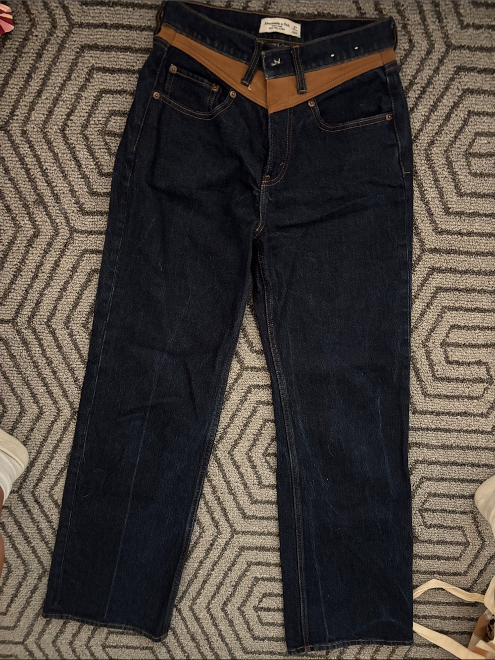 Dark Blue Denim Jeans with Brown Waist Accent